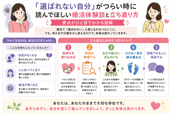 「選ばれない自分」がつらい時に読んでほしい婚活体験談と立ち直り方の要点をまとめた図解