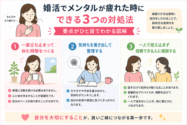 婚活でメンタルが疲れた時にできる3つの対処法の要点をまとめた図解