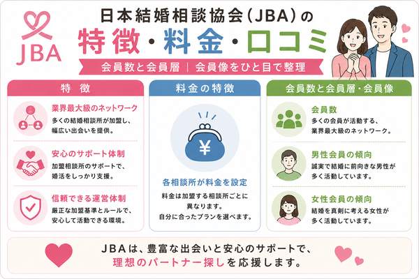 日本結婚相談協会(JBA)の特徴・料金・口コミについて、会員数と会員層の会員像を整理した図解