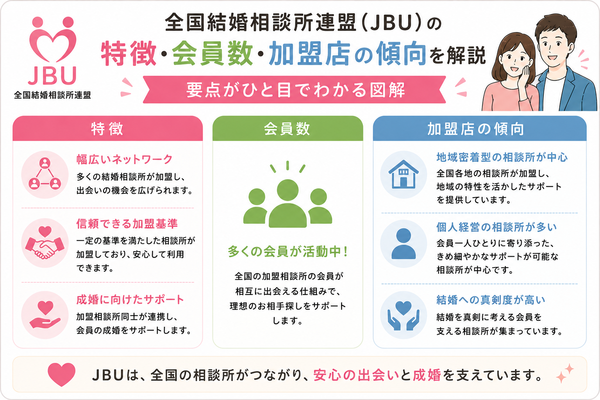 全国結婚相談所連盟（JBU）の特徴・会員数・加盟店の傾向を解説の要点をまとめた図解