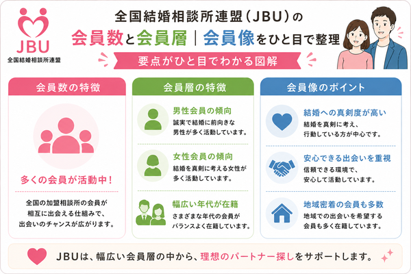 全国結婚相談所連盟（JBU）の特徴・会員数・加盟店の傾向を解説について、会員数と会員層の会員像を整理した図解