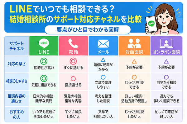 LINEでいつでも相談できる?結婚相談所のサポート対応チャネルを比較