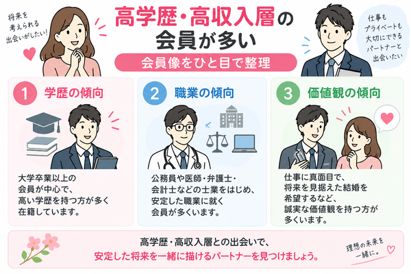 高学歴・高収入層の会員が多い|会員像をひと目で整理