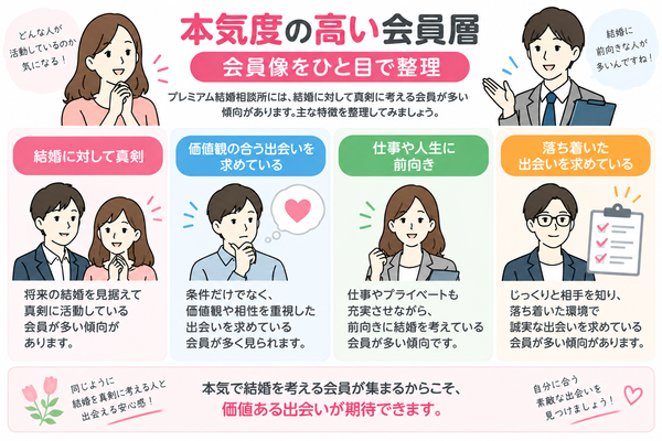 高額でも価値あり？プレミアム結婚相談所を徹底検証について、本気度の高い会員層の会員像を整理した図解