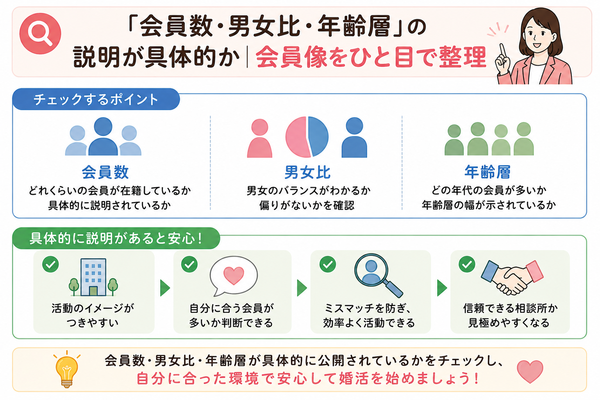 結婚相談所ってサクラがいるの?騙されないための見分け方と注意点について、「会員数・男女比・年齢層」の説明が具体的かの会員像を整理した図解