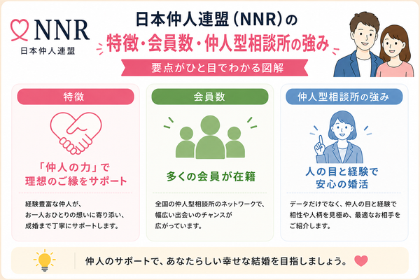 日本仲人連盟（NNR）の特徴・会員数・仲人型相談所の強みの要点をまとめた図解