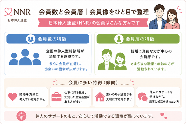 日本仲人連盟（NNR）の特徴・会員数・仲人型相談所の強みについて、会員数と会員層の会員像を整理した図解