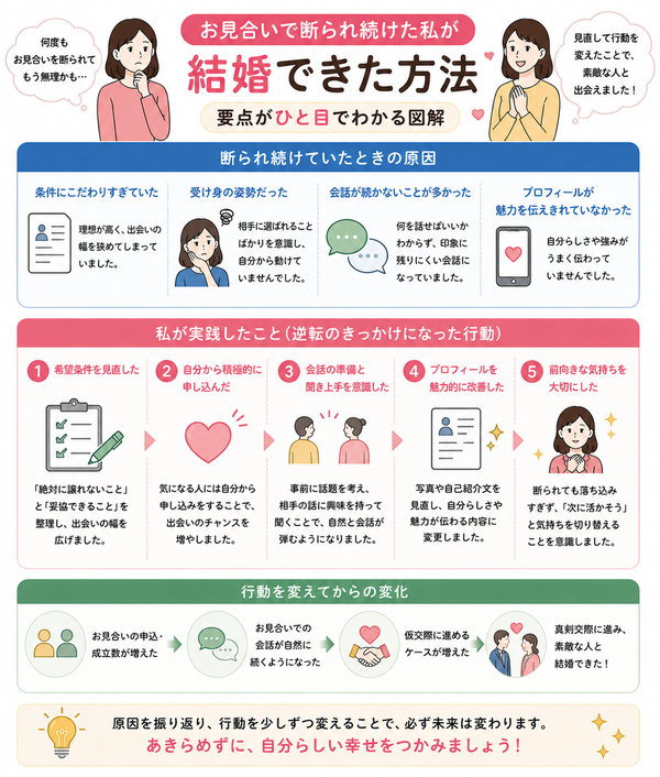 結婚相談所のお見合いで断られ続けた私が結婚できた方法の要点をまとめた図解