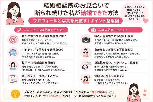 結婚相談所のお見合いで断られ続けた私が結婚できた方法について、プロフィールと写真を見直すのポイントを整理した図解