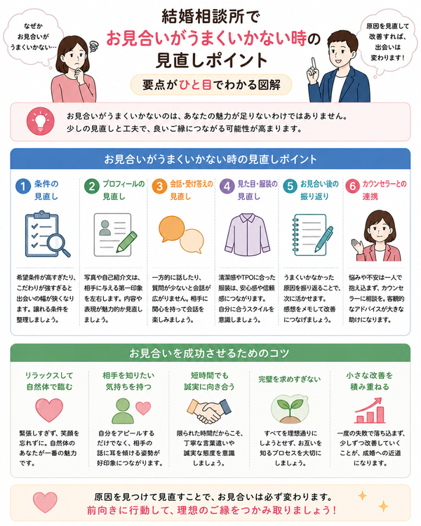 結婚相談所でお見合いがうまくいかない時の見直しポイントの要点をまとめた図解