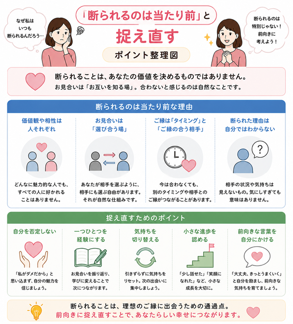 結婚相談所のお見合いで断られ続けた私が結婚できた方法について、「断られるのは当たり前」と捉え直すのポイントを整理した図解