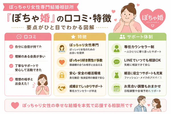 ぽっちゃり女性専門結婚相談所『ぽちゃ婚』の口コミ・特徴の要点をまとめた図解