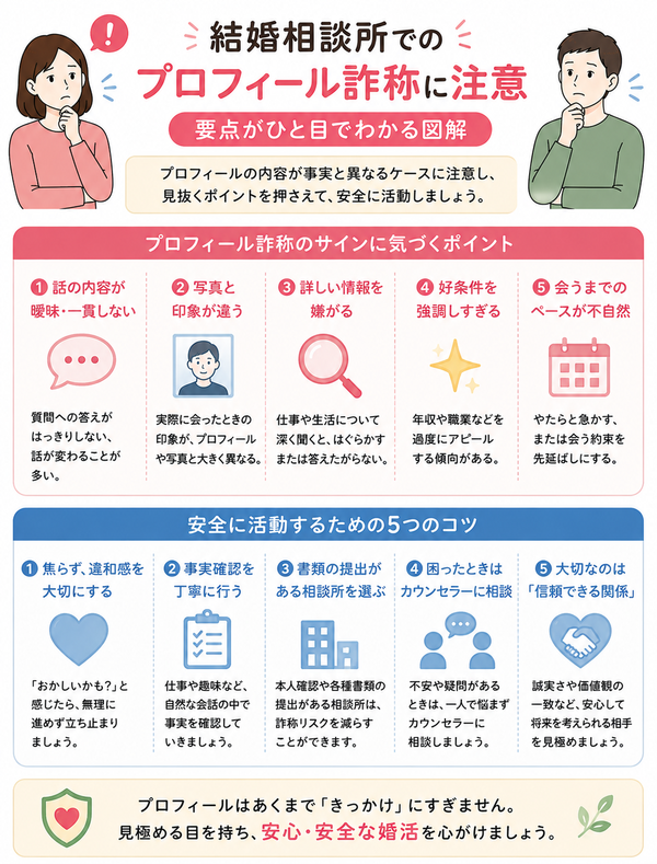 結婚相談所でのプロフィール詐称に注意の要点をまとめた図解