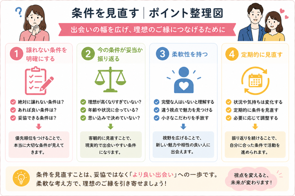 結婚相談所の「条件フィルター」がつらいと感じた時の考え方と向き合い方について、条件を見直すのポイントを整理した図解