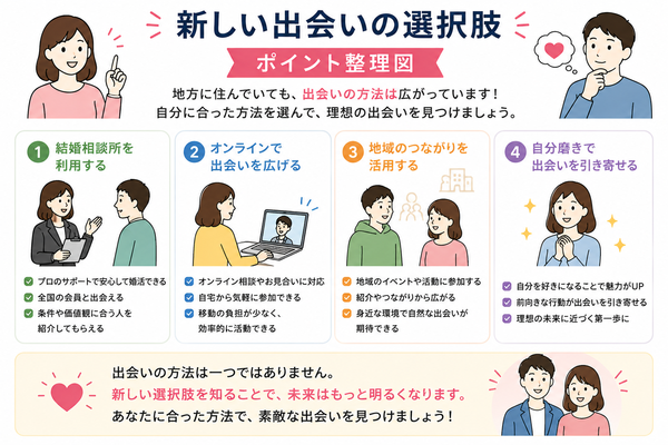 地方に住んでいて出会いがない人へについて、新しい出会いの選択肢のポイントを整理した図解