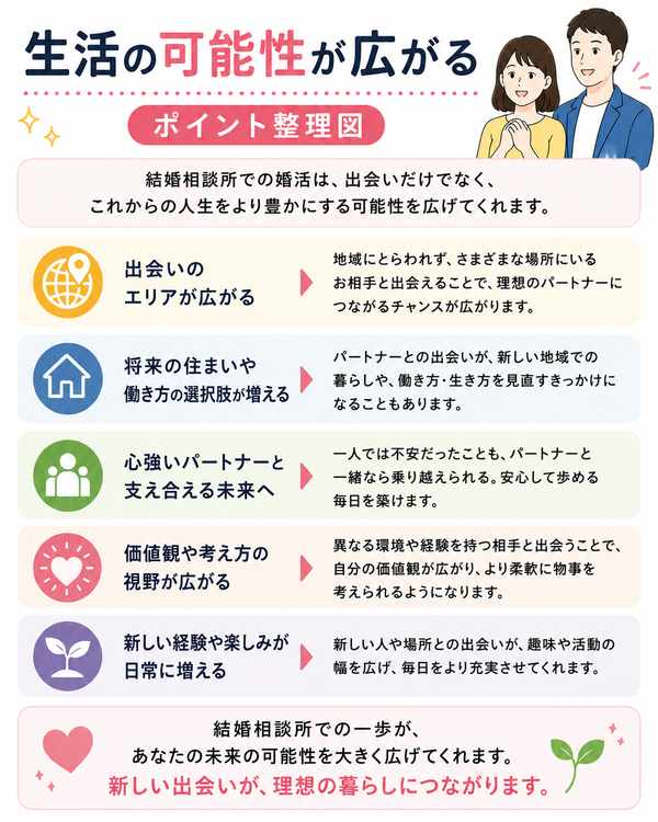 地方に住んでいて出会いがない人へについて、生活の可能性が広がるのポイントを整理した図解