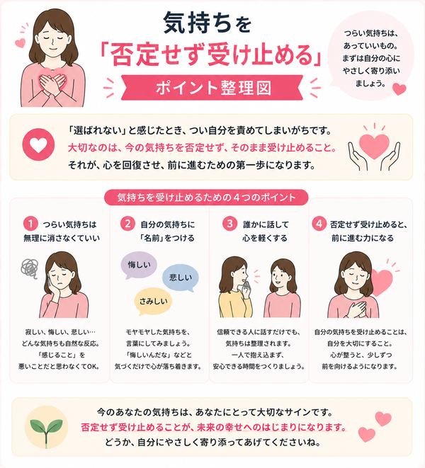 「選ばれない自分」がつらい時に読んでほしい婚活体験談と立ち直り方について、気持ちを「否定せず受け止める」のポイントを整理した図解