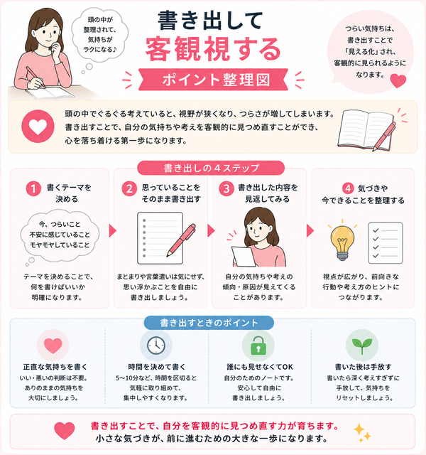 「選ばれない自分」がつらい時に読んでほしい婚活体験談と立ち直り方について、書き出して客観視するのポイントを整理した図解