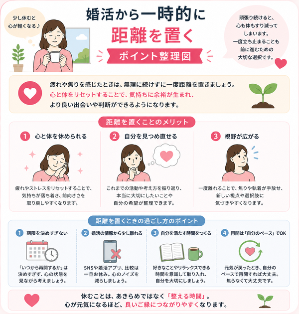 婚活でメンタルが疲れた時にできる3つの対処法について、婚活から一時的に距離を置くのポイントを整理した図解