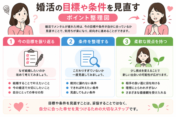 婚活でメンタルが疲れた時にできる3つの対処法について、婚活の目標や条件を見直すのポイントを整理した図解