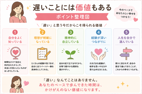 周りがみんな結婚して焦っている人に贈る言葉について、遅いことには価値もあるのポイントを整理した図解