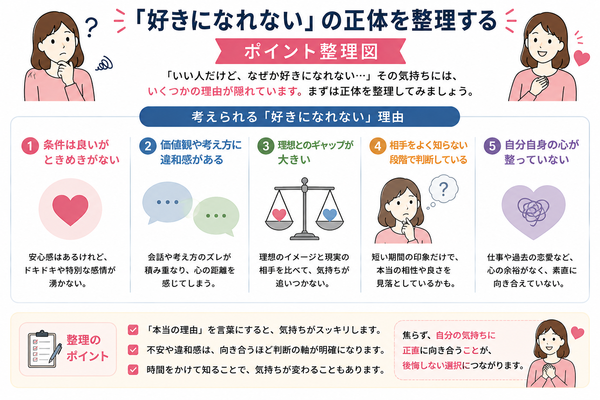 婚活で「いい人だけど好きになれない」と感じたときの対処法について、「好きになれない」の正体を整理するのポイントを整理した図解