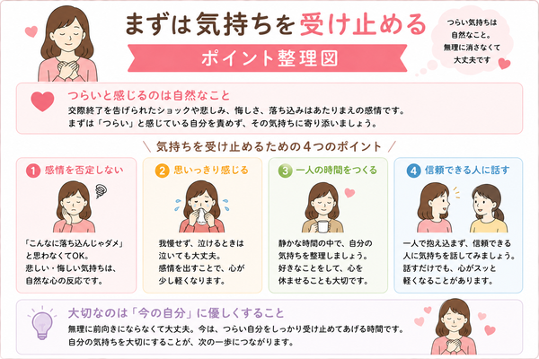 結婚相談所で交際終了を告げられてつらいときの心の整理術と立ち直り方について、まずは気持ちを受け止めるのポイントを整理した図解