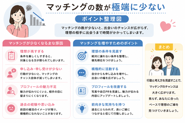 理想を下げたら幸せになれる?婚活での妥協と納得の境界線を見極める方法について、マッチングの数が極端に少ないのポイントを整理した図解