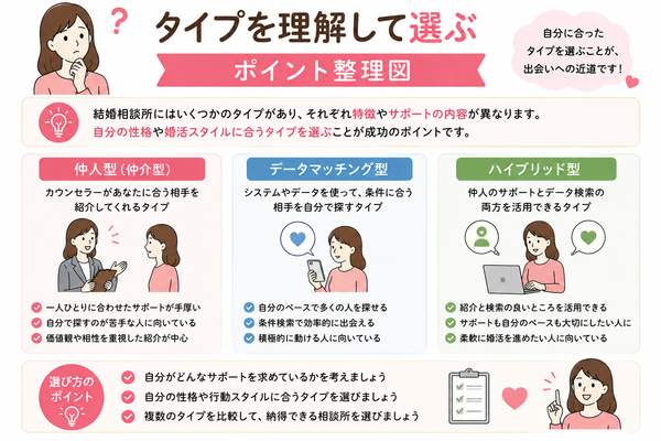 結婚相談所って本当に出会える？失敗しない選び方とチェックポイントについて、タイプを理解して選ぶのポイントを整理した図解