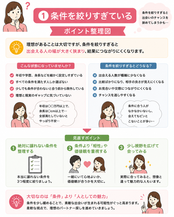 結婚相談所で断られた・相手が見つからない理由とはについて、条件を絞りすぎているのポイントを整理した図解