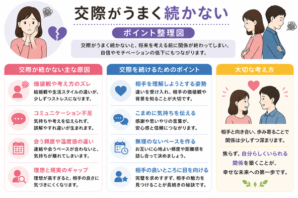 理想を下げたら幸せになれる?婚活での妥協と納得の境界線を見極める方法について、交際がうまく続かないのポイントを整理した図解