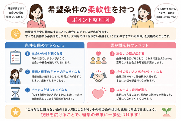 結婚相談所は時間のムダ?そう感じてしまう人の共通点と対策について、希望条件の柔軟性を持つのポイントを整理した図解