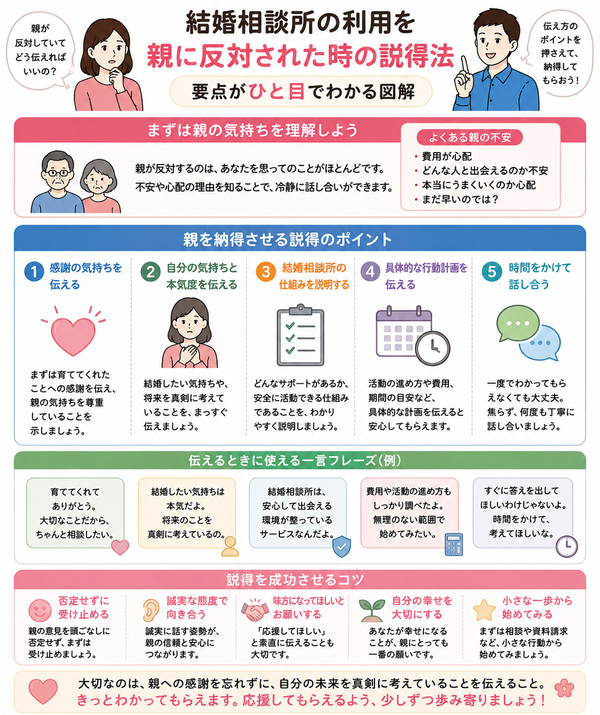 結婚相談所の利用を親に反対された時の説得法の要点をまとめた図解