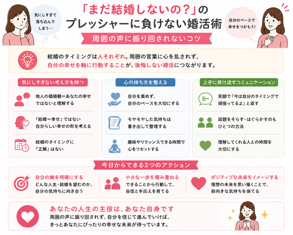 「まだ結婚しないの?」のプレッシャーに負けない婚活術の要点をまとめた図解