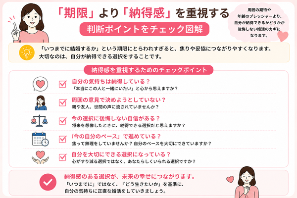 「まだ結婚しないの?」のプレッシャーに負けない婚活術について、コツ①:「期限」より「納得感」を重視するの判断ポイントを確認する図解