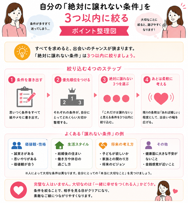 「理想が高すぎる」と言われた時の婚活の現実と、後悔しない妥協点の見つけ方について、自分の「絶対に譲れない条件」を3つ以内に絞るのポイントを整理した図解