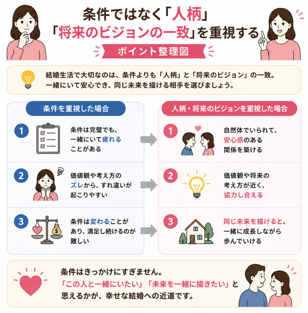 「理想が高すぎる」と言われた時の婚活の現実と、後悔しない妥協点の見つけ方について、条件ではなく「人柄」「将来のビジョンの一致」を重視するのポイントを整理した図解