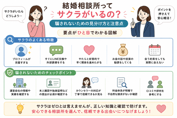 結婚相談所ってサクラがいるの?騙されないための見分け方と注意点の要点をまとめた図解