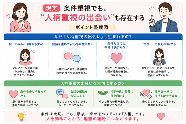 結婚相談所はやめとけと言われる理由とは？後悔しないために知っておくべき真実について、現実②：条件重視でも、“人柄重視の出会い”も存在するのポイントを整理した図解