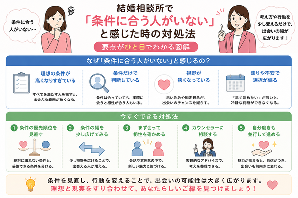 結婚相談所で「条件に合う人がいない」と感じた時の対処法の要点をまとめた図解