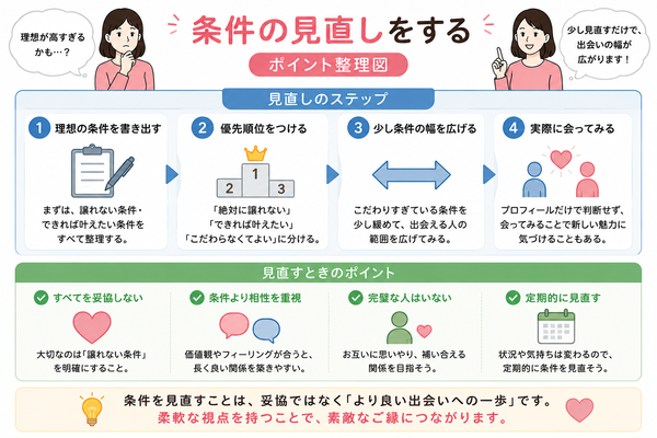 結婚相談所で「条件に合う人がいない」と感じた時の対処法について、条件の見直しをするのポイントを整理した図解
