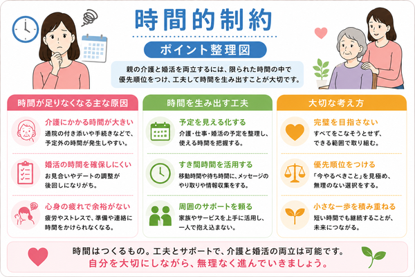 親の介護と婚活の両立に悩む人にこそ知ってほしいことについて、時間的制約のポイントを整理した図解