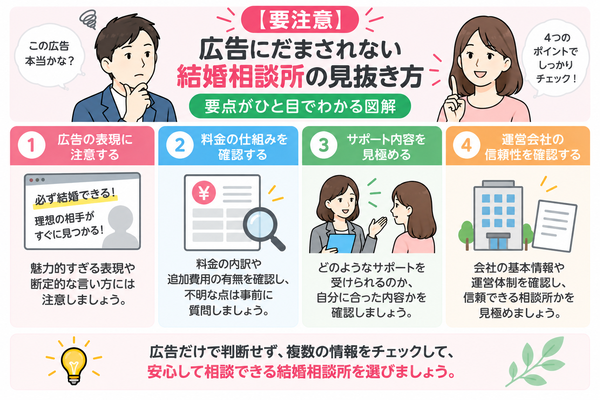 【要注意】広告にだまされない結婚相談所の見抜き方の要点をまとめた図解