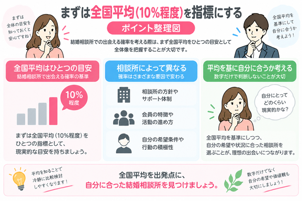 結婚相談所で理想の相手に出会える確率は?実態データからわかることについて、まずは全国平均(10%程度)を指標にするのポイントを整理した図解