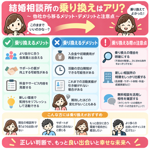 結婚相談所の乗り換えはアリ？他社から移るメリット・デメリットと注意点｜要点がひと目でわかる図解