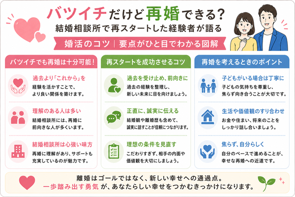 バツイチだけど再婚できる?結婚相談所で再スタートした経験者が語る婚活のコツの要点をまとめた図解