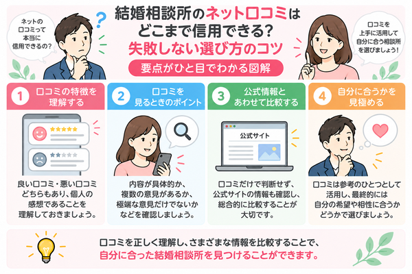結婚相談所のネット口コミはどこまで信用できる?失敗しない選び方のコツの要点をまとめた図解