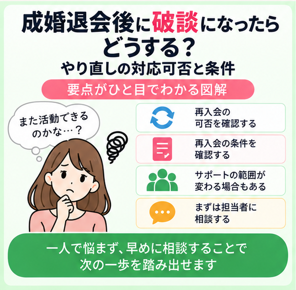 結婚相談所で成婚退会後に破談になったらどうする？やり直しの対応可否と条件
