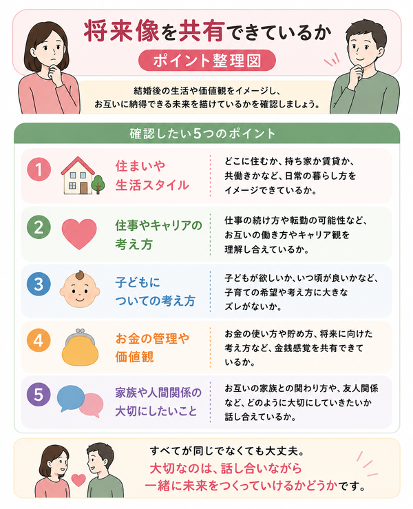 結婚相談所で成婚退会を迷ったときに考えるべき5つの基準について、将来像を共有できているかのポイントを整理した図解