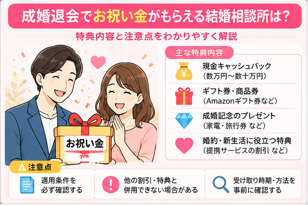 成婚退会でお祝い金がもらえる結婚相談所は？特典内容と注意点